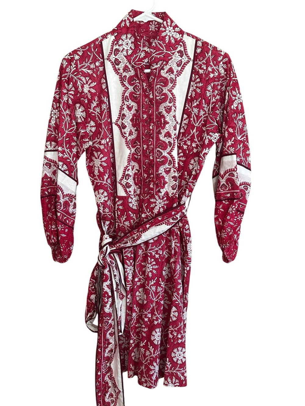 Sue Sartor Red Paisley Floral Long Sleeve Dress with Belt Size Small